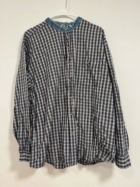 Black & White Plaid Button-Down Shirt with Blue Trim